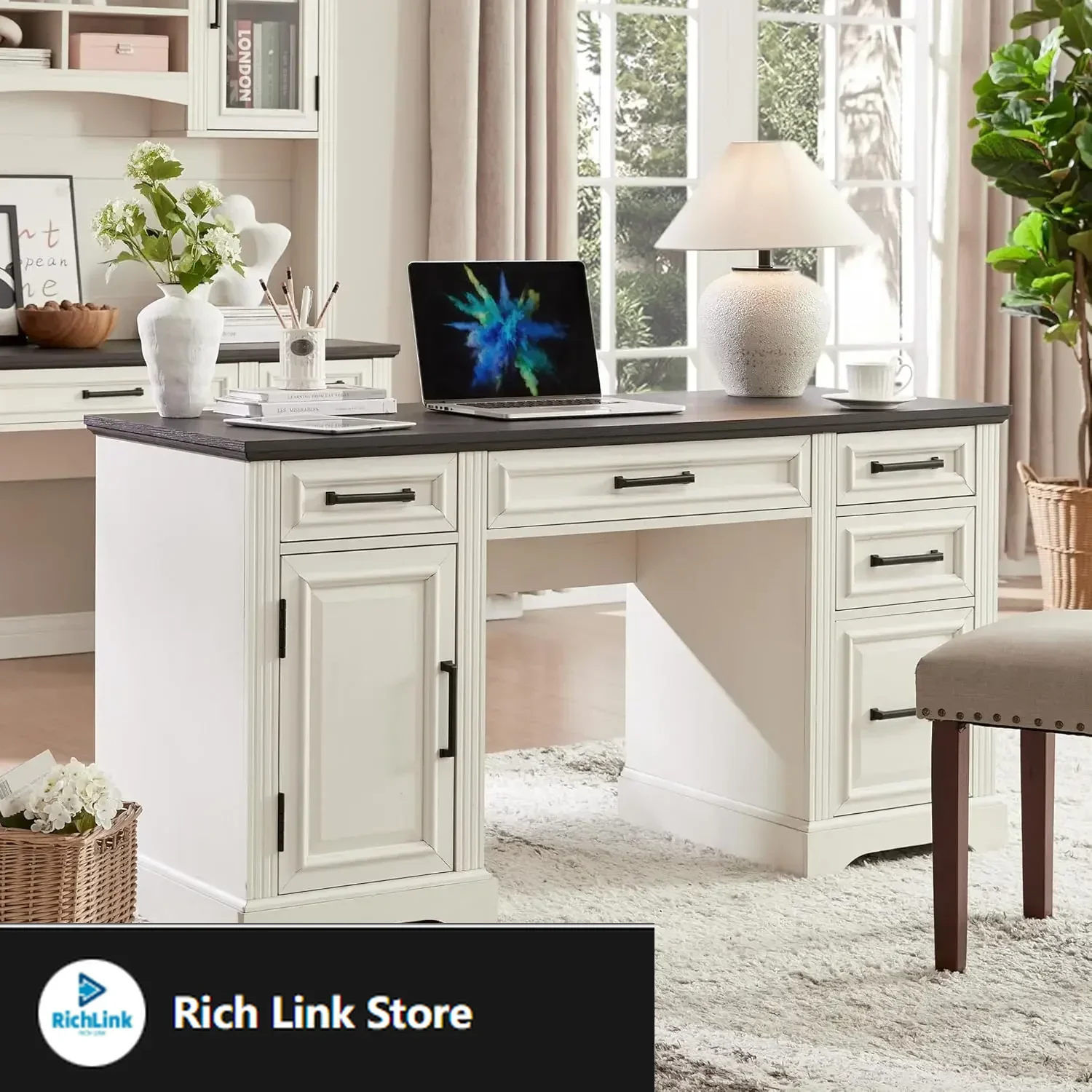 58" Executive Desk, Farmhouse Computer Desk with Drawers and Cabinet, Embossed Texture Home Office Desk, Workspace ,Off White
58" Executive Desk, Farmhouse Computer Desk with Drawers and Cabinet, Embossed Texture Home Office Desk, Workspace ,Off White