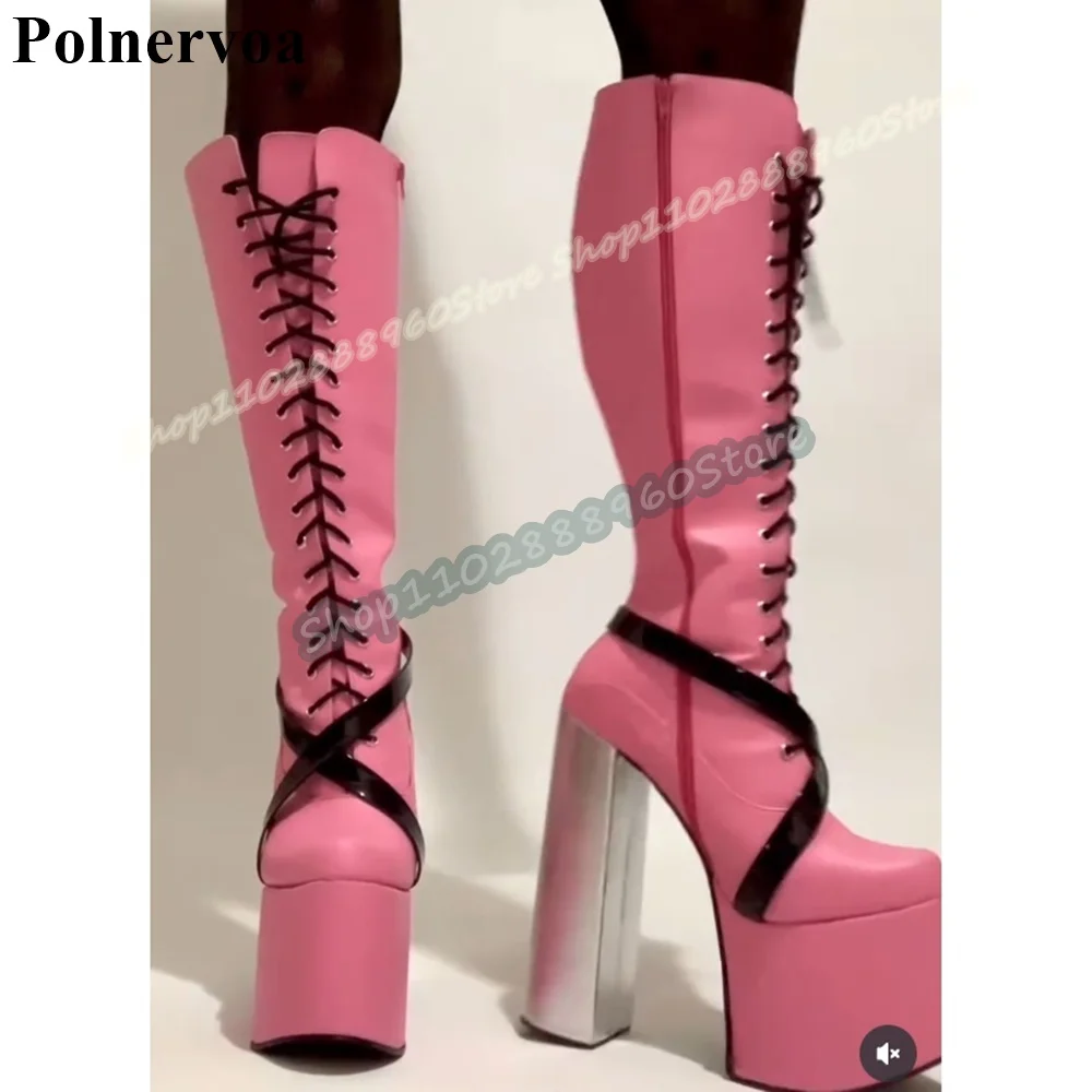 Knee High Pink Platform Cross Strip Cross Tied Boots Chunky High Heel Shoes For Women Side Zipper Round Toe Casual Party Boots
Knee High Pink Platform Cross Strip Cross Tied Boots Chunky High Heel Shoes For Women Side Zipper Round Toe Casual Party Boots