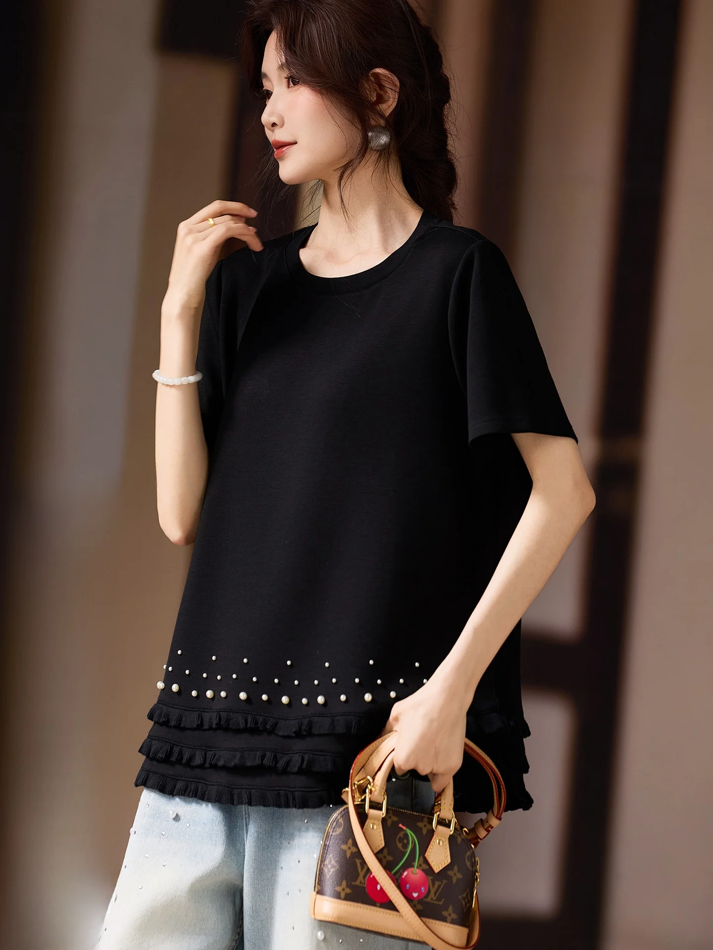 Black Wooden Short Sleeve T-Shirt Women's Large Size Summer New Street Style Loose Fit Polyester Cotton Spandex round Neck
Black Wooden Short Sleeve T-Shirt Women's Large Size Summer New Street Style Loose Fit Polyester Cotton Spandex round Neck