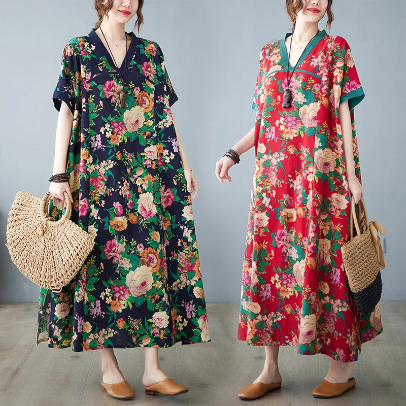 Summer New Large Size V-Neck Improved Loose Slimming Cotton Hemp Short-Sleeved Dress Temperament Women
Summer New Large Size V-Neck Improved Loose Slimming Cotton Hemp Short-Sleeved Dress Temperament Women
