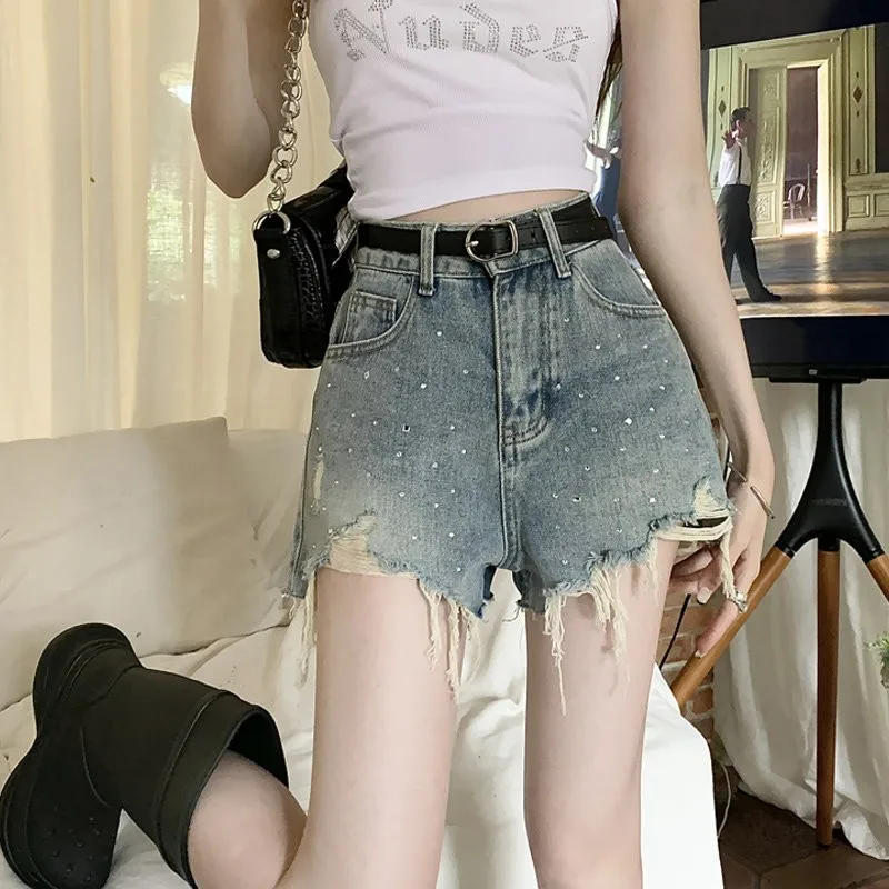 Women's Hot Girl Style Rhinestone-Studded Ripped High-Waisted Denim Shorts, New Summer Fashion High-Waisted A-Line Wide-Leg Hot Pants
Women's Hot Girl Style Rhinestone-Studded Ripped High-Waisted Denim Shorts, New Summer Fashion High-Waisted A-Line Wide-Leg Hot Pants