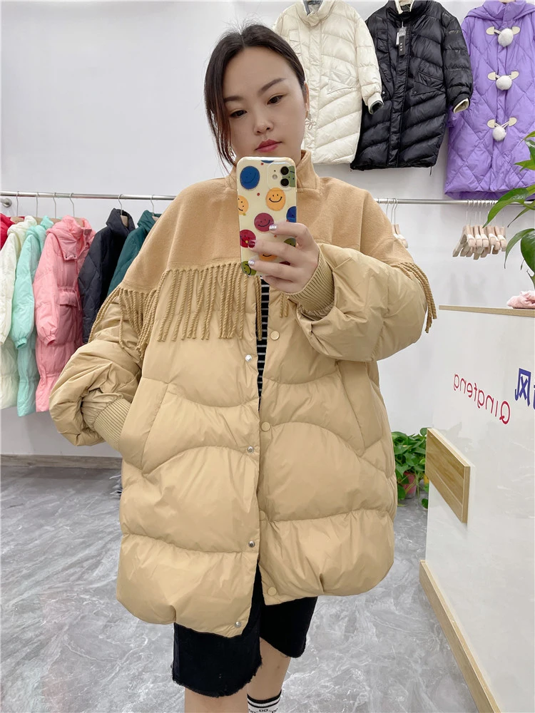 Winter Double Sided Tassel Medium Long Down Jacket Women White Duck Down Stand Collar Warm Jacket Female Parka Quilted Outwears 
Winter Double Sided Tassel Medium Long Down Jacket Women White Duck Down Stand Collar Warm Jacket Female Parka Quilted Outwears