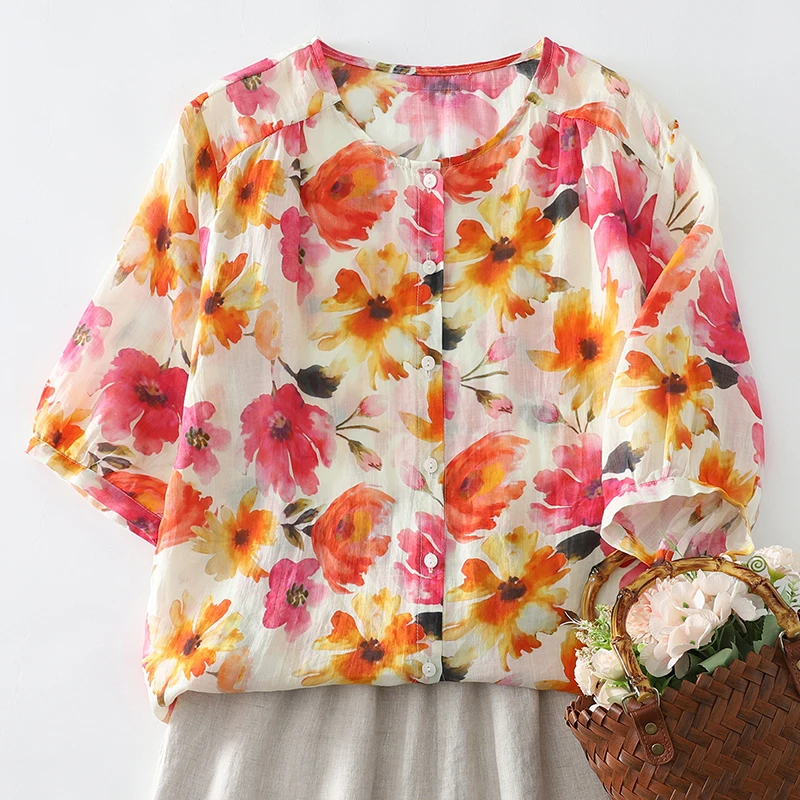 plus Size Floral Print Cotton Linen Shirt Women's Summer New Style round Neck Short Sleeve Commute Fashion Artistic Top
plus Size Floral Print Cotton Linen Shirt Women's Summer New Style round Neck Short Sleeve Commute Fashion Artistic Top