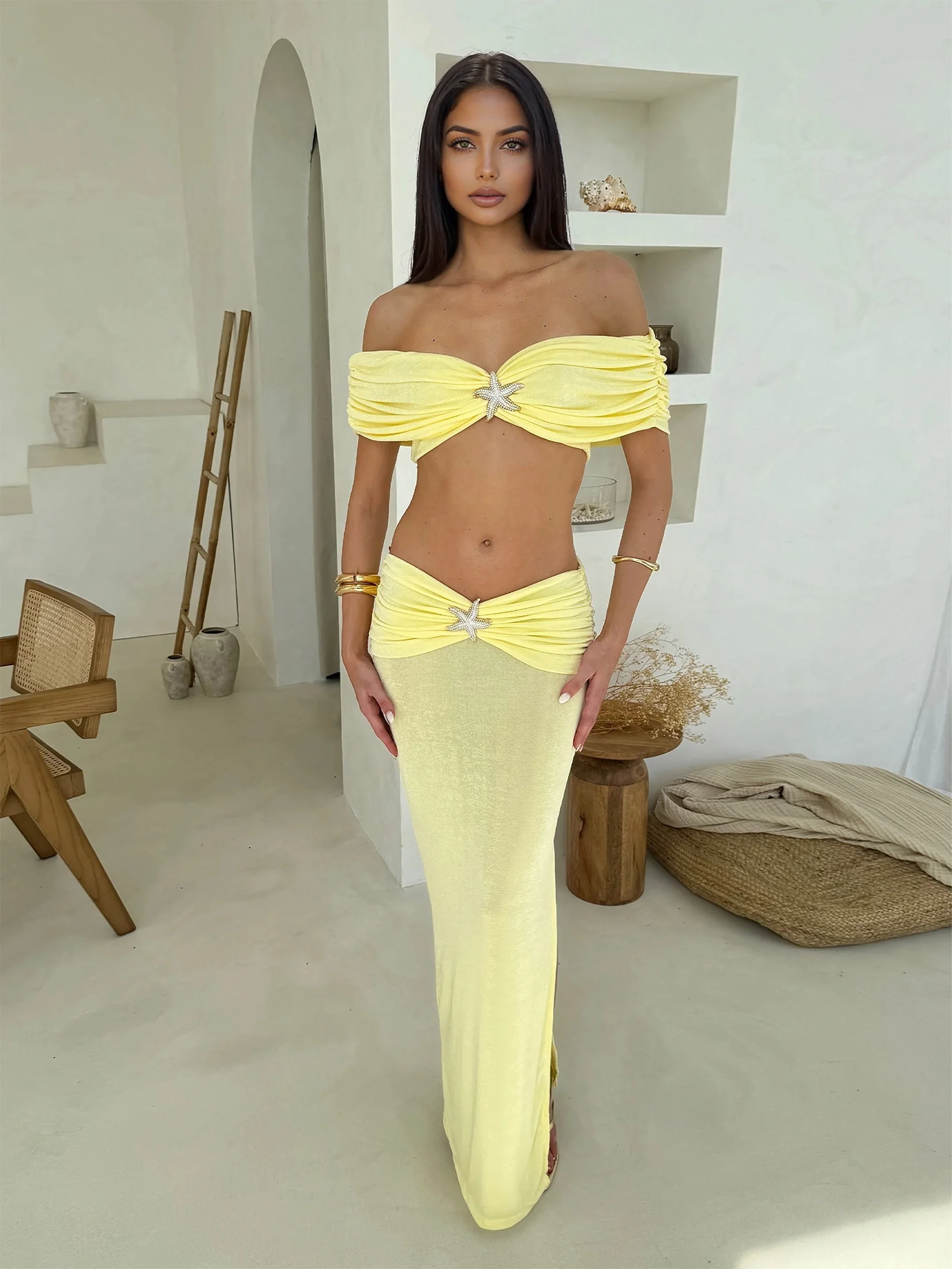 Elegant Butter Yellow Drop Shoulder Top Beachwear Vacation Outfits Solid Nightclub Party Dress Bikini Set 2 Piece Swimsuit C32
Elegant Butter Yellow Drop Shoulder Top Beachwear Vacation Outfits Solid Nightclub Party Dress Bikini Set 2 Piece Swimsuit C32
