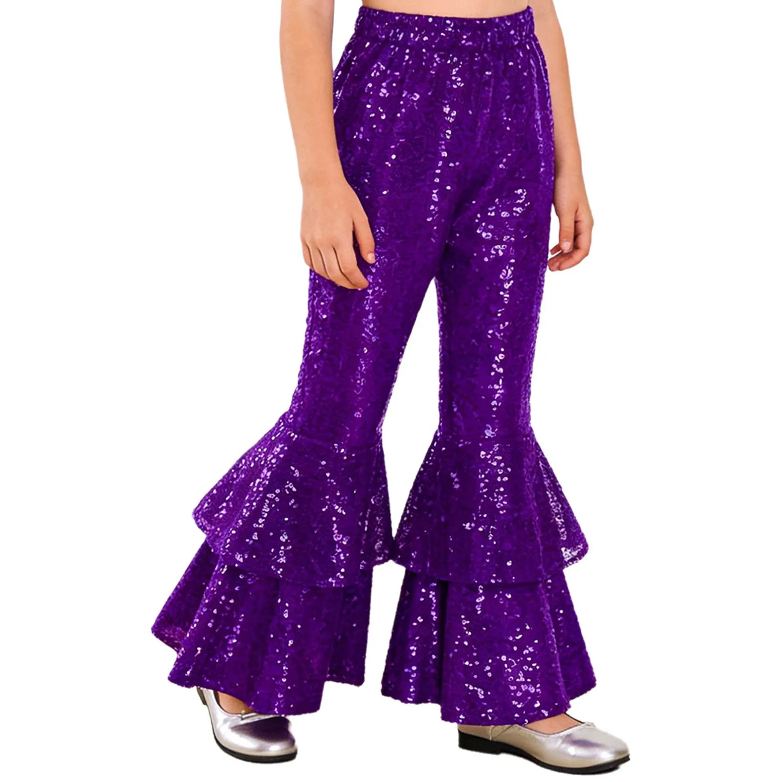Kids Girls Disco Jazz Dance Pants Glittery Sequined Flared Pants Tiered Bell Bottom Elastic Waistband Long Pants for Performance
Kids Girls Disco Jazz Dance Pants Glittery Sequined Flared Pants Tiered Bell Bottom Elastic Waistband Long Pants for Performance