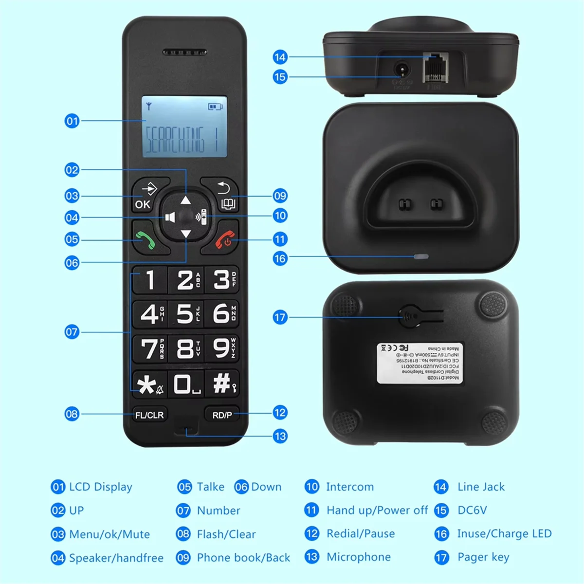 D1102B Cordless Phone Caller ID/Call Waiting 1.6 Inch Backlight LCD 3 Line Screen Display 16 Languages US PLUG-A74Z
D1102B Cordless Phone Caller ID/Call Waiting 1.6 Inch Backlight LCD 3 Line Screen Display 16 Languages US PLUG-A74Z