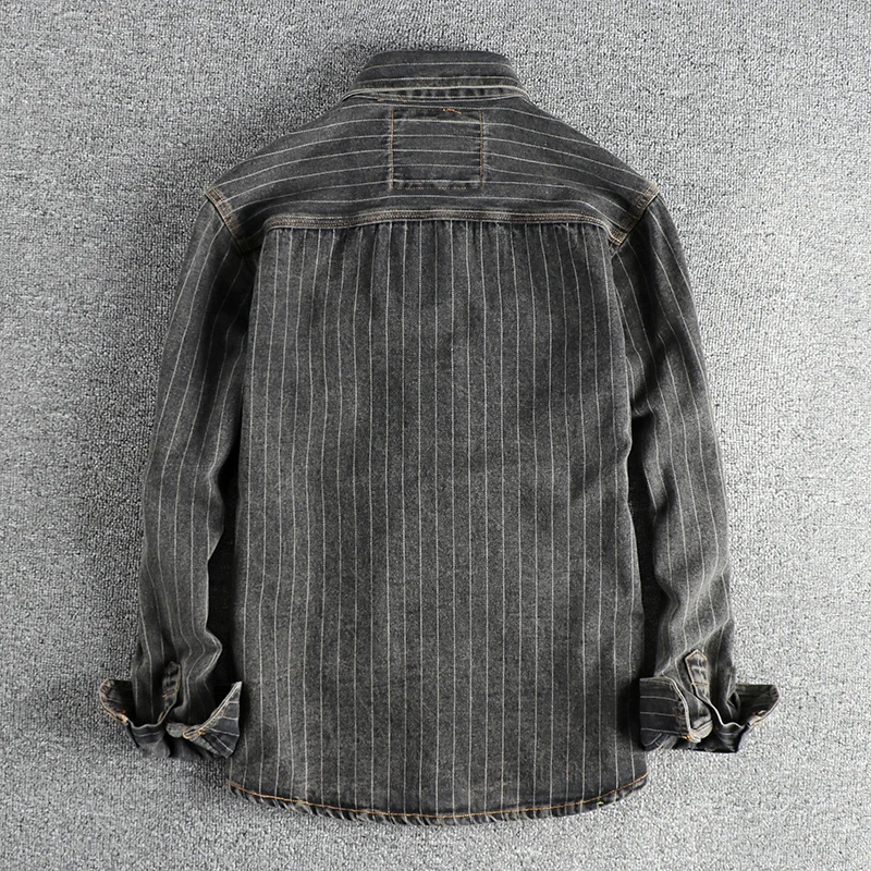 Heavy British retro black gray striped denim shirt for men new autumn end single cargo pocket shirt coat
Heavy British retro black gray striped denim shirt for men new autumn end single cargo pocket shirt coat