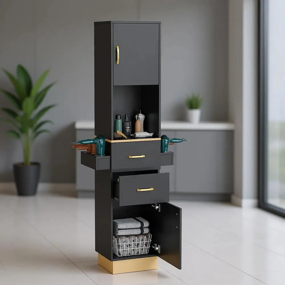 Professional Hair Styling Station with Dual Drawers, Storage Cabinets, and Six Hair Dryer Holders
Professional Hair Styling Station with Dual Drawers, Storage Cabinets, and Six Hair Dryer Holders