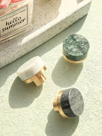 Natural Marble+Brass Nordic Cabinet Handles and Knobs Bedroom Wardrobe Pulls Round Drawer Knobs Natural Stone Furniture Hardware
