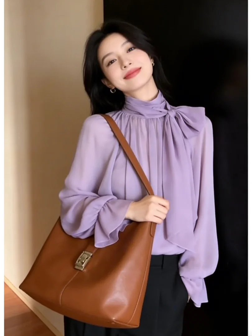 Elegant Women's Chiffon Shirt Bow Knot Lantern Sleeve Stand Collar Fashionable Versatile Long Sleeve Lace Top for Summer
Elegant Women's Chiffon Shirt Bow Knot Lantern Sleeve Stand Collar Fashionable Versatile Long Sleeve Lace Top for Summer