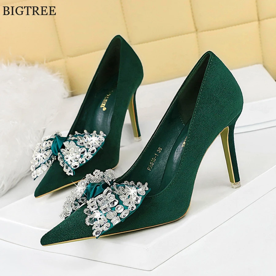 New Korean Fashion Rhinestone Bowknot Pumps Women Banquet Thin Heels Black Green Flock Shallow Pointed Toe Big Size Ladies Shoes
New Korean Fashion Rhinestone Bowknot Pumps Women Banquet Thin Heels Black Green Flock Shallow Pointed Toe Big Size Ladies Shoes