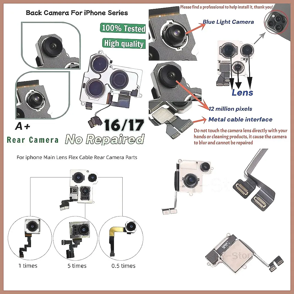 Authentic Rear Camera for iPhone 16/17 Pro Max & Plus, Main Back Camera Module with Flex Cable Replacement
Authentic Rear Camera for iPhone 16/17 Pro Max & Plus, Main Back Camera Module with Flex Cable Replacement
