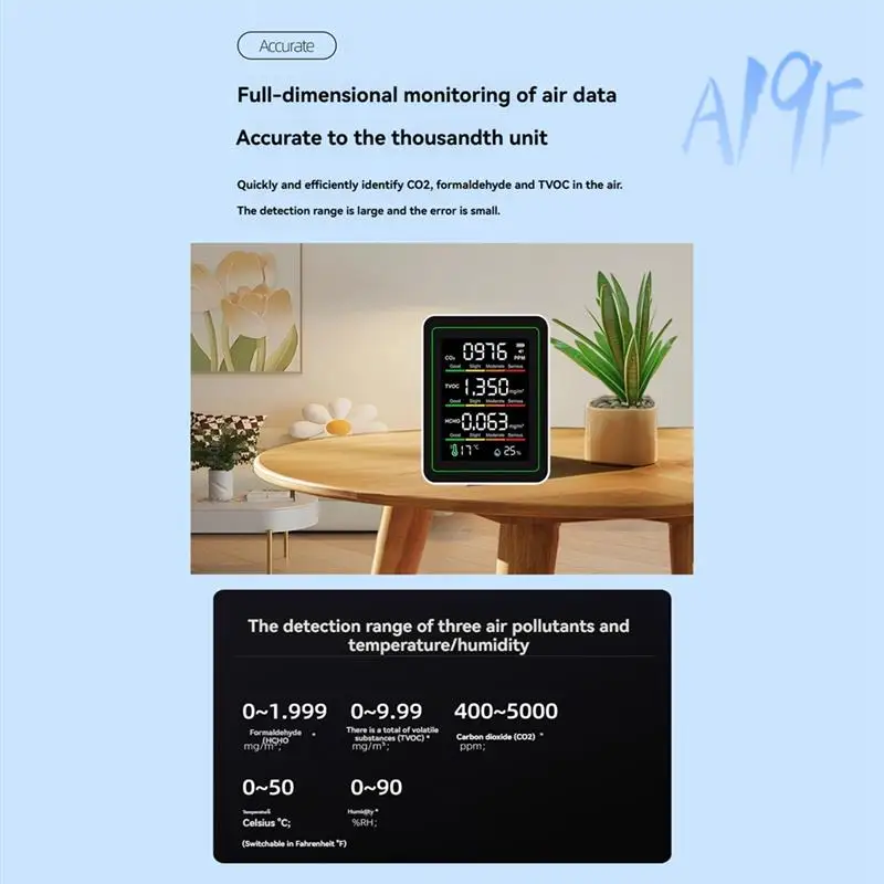 A19F-Indoor Air Quality Monitor,CO2 Monitor/Temperature/Formaldehyde Detector/Humidity TVOC For Rooms,Grow Tents
A19F-Indoor Air Quality Monitor,CO2 Monitor/Temperature/Formaldehyde Detector/Humidity TVOC For Rooms,Grow Tents