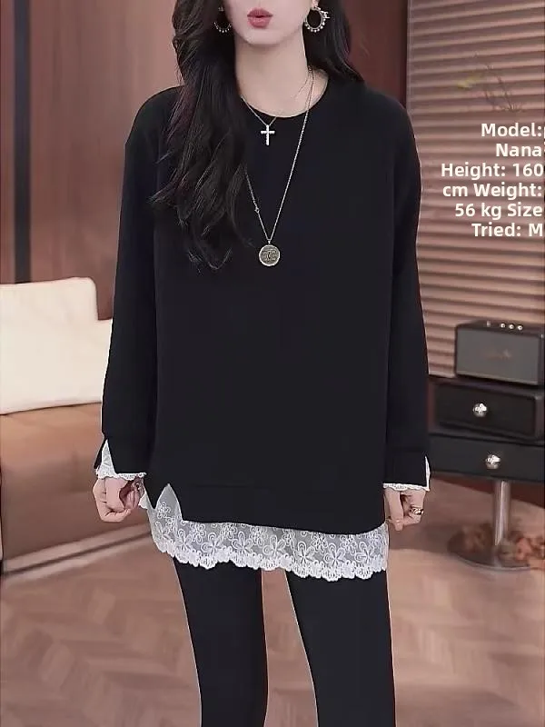 Fleece Lined Lace Patchwork Mock Two-Piece Long Sleeve Base Shirt Spring Loose Women's plus Size Fat MM Slimming Sweatshirt
Fleece Lined Lace Patchwork Mock Two-Piece Long Sleeve Base Shirt Spring Loose Women's plus Size Fat MM Slimming Sweatshirt