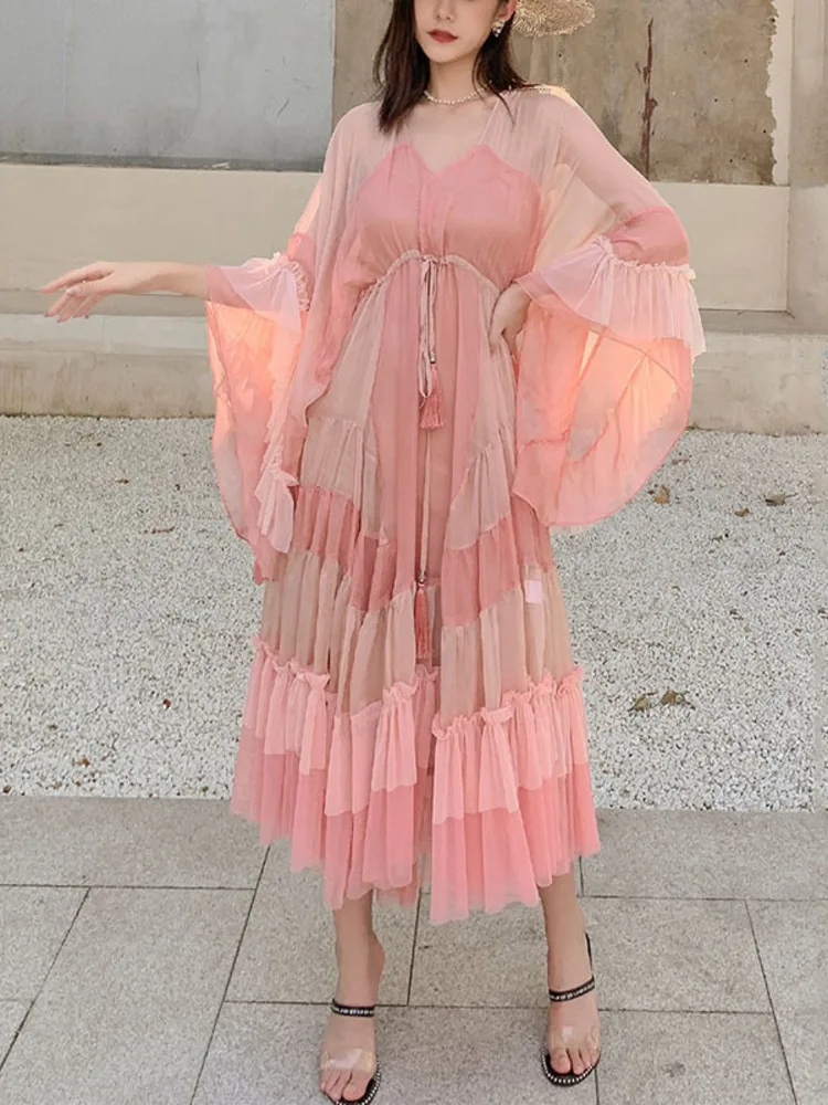 Woman Dress Pink Cake With Lined Mesh Flare Sleeve Drawstring Waist Elegant Fashion Beach Style 2023 New Summer
Woman Dress Pink Cake With Lined Mesh Flare Sleeve Drawstring Waist Elegant Fashion Beach Style 2023 New Summer
