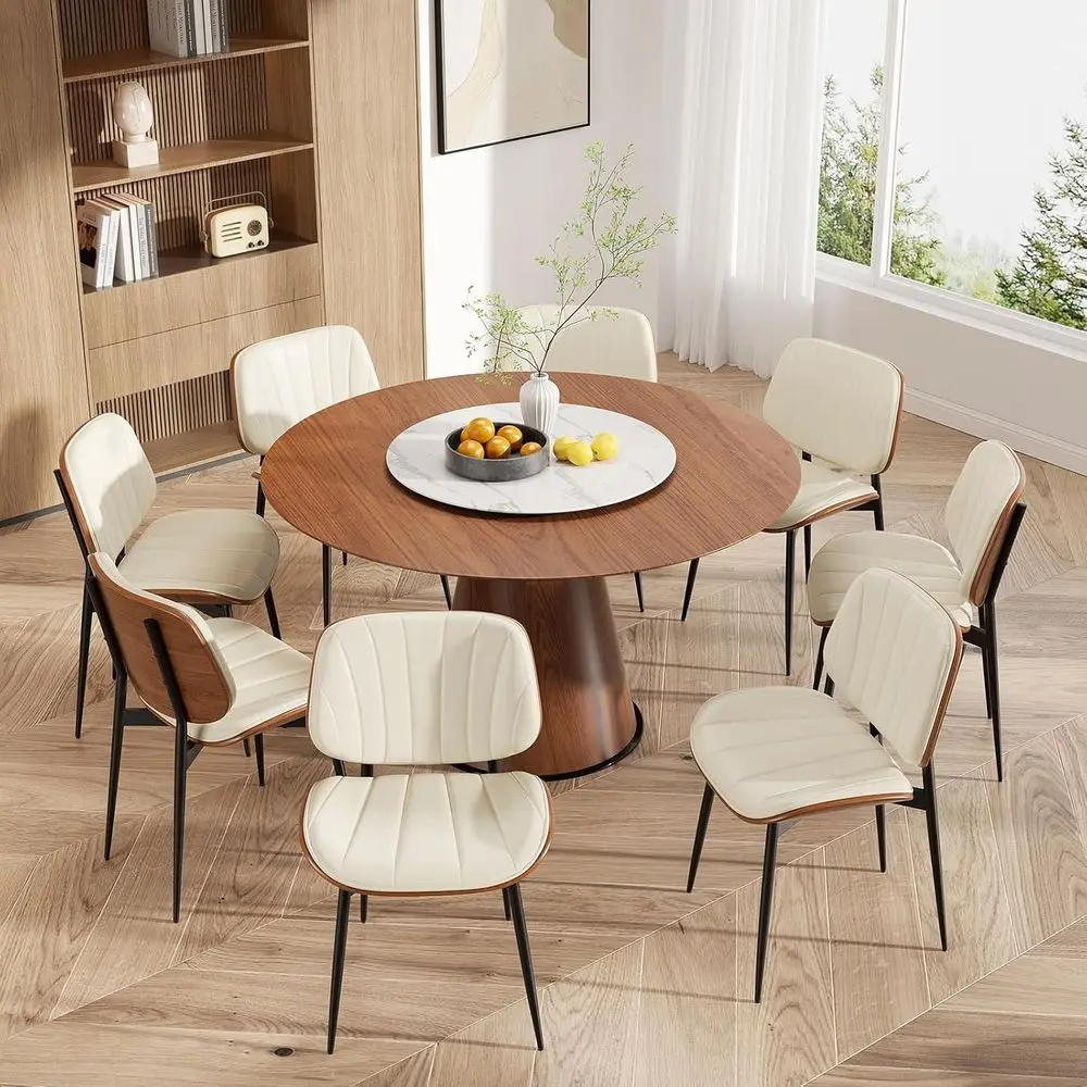 Set of 8 Modern Dining Chairs, Upholstered in Beige Faux Leather with Walnut Bentwood Backs and Metal Legs, Suitable for Kitchen
Set of 8 Modern Dining Chairs, Upholstered in Beige Faux Leather with Walnut Bentwood Backs and Metal Legs, Suitable for Kitchen