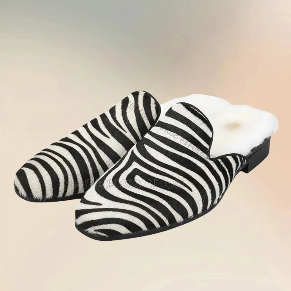 Black White Zebra Print Fur Decor Square Toe Slippers Fashion Slip On Men Shoes Luxurious Handmade Party Office Men Casual Shoes 
Black White Zebra Print Fur Decor Square Toe Slippers Fashion Slip On Men Shoes Luxurious Handmade Party Office Men Casual Shoes