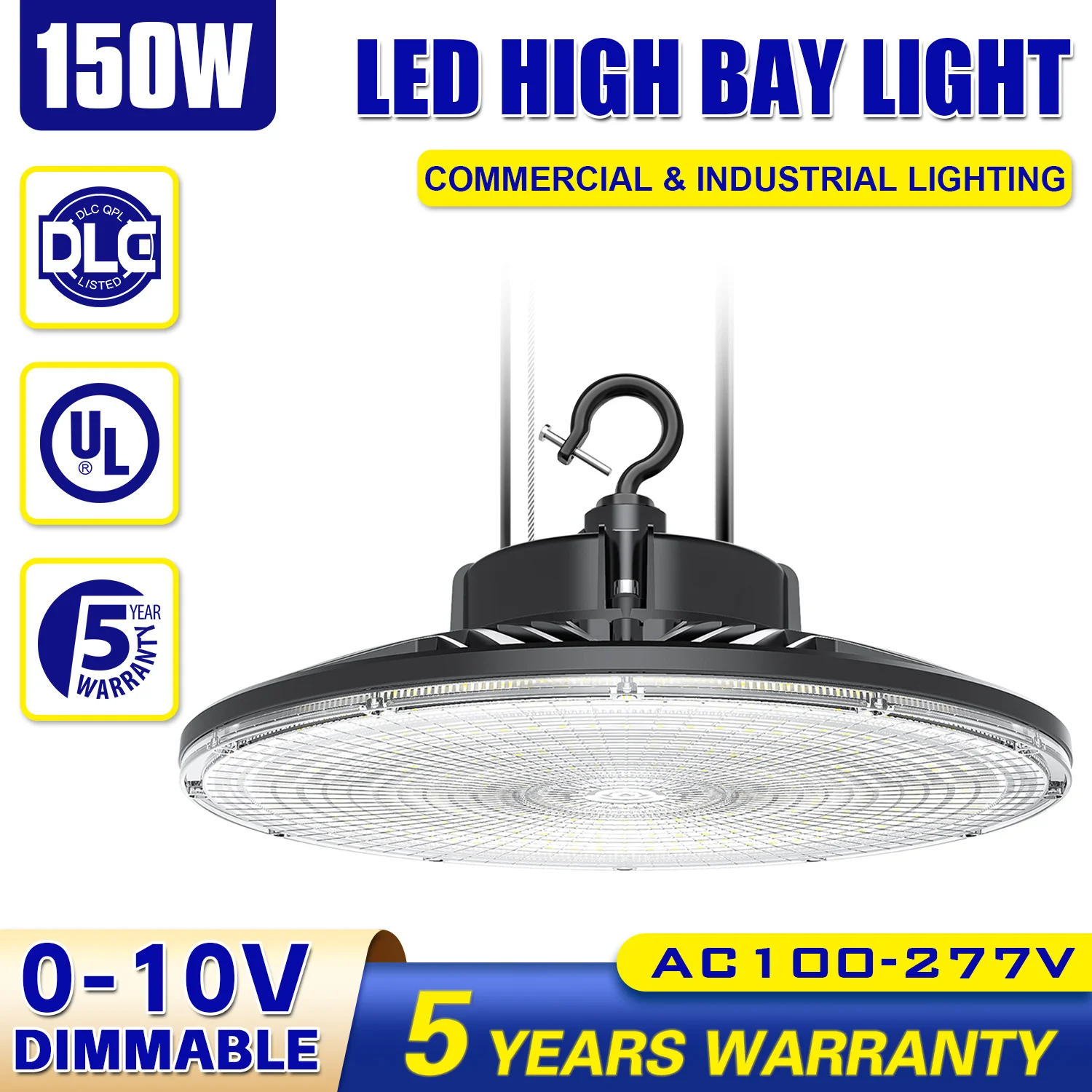 150W UFO LED High Bay Light 0-10V Dimmable 21000 Lumens 5000K IP65 Waterproof Shop Warehouse Lighting Fixture
150W UFO LED High Bay Light 0-10V Dimmable 21000 Lumens 5000K IP65 Waterproof Shop Warehouse Lighting Fixture