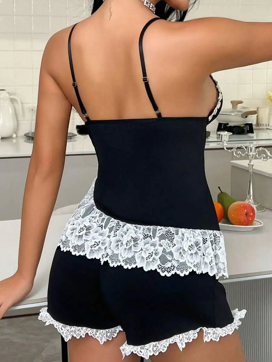 2 Piece Women Lace Trim Sleepwear Set Spaghetti Strap Tank Top And Shorts
2 Piece Women Lace Trim Sleepwear Set Spaghetti Strap Tank Top And Shorts