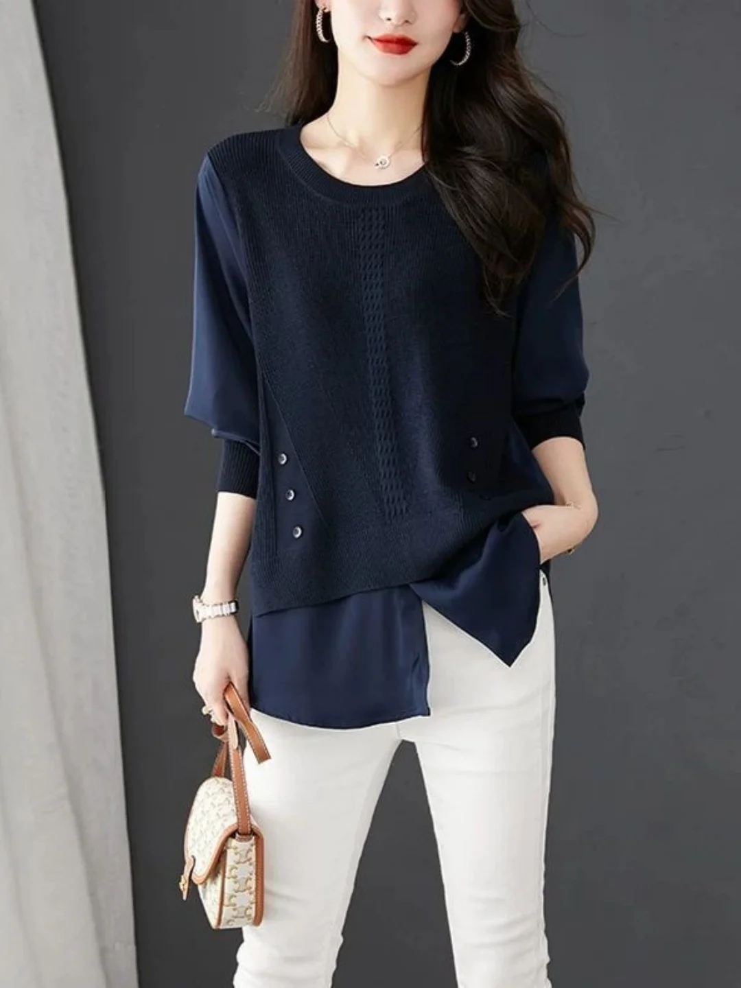 Вязаный круглый пуловер больших размеров Ne, топ для похудения для женщин, модная верхняя одежда, скрывает живот, модный вид из двух частей
Вязаный круглый пуловер больших размеров Ne, топ для похудения для женщин, модная верхняя одежда, скрывает живот, модный вид из двух частей