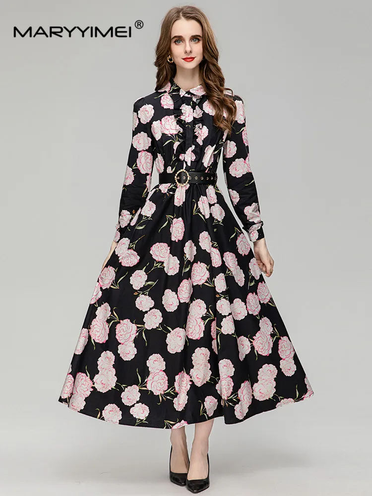 MARYYIMEI Fashion Designer Women's Dress Spring Long sleeved Wood ear edge Slim Belt Rose Floral-Print Black Elegant Dresses
MARYYIMEI Fashion Designer Women's Dress Spring Long sleeved Wood ear edge Slim Belt Rose Floral-Print Black Elegant Dresses