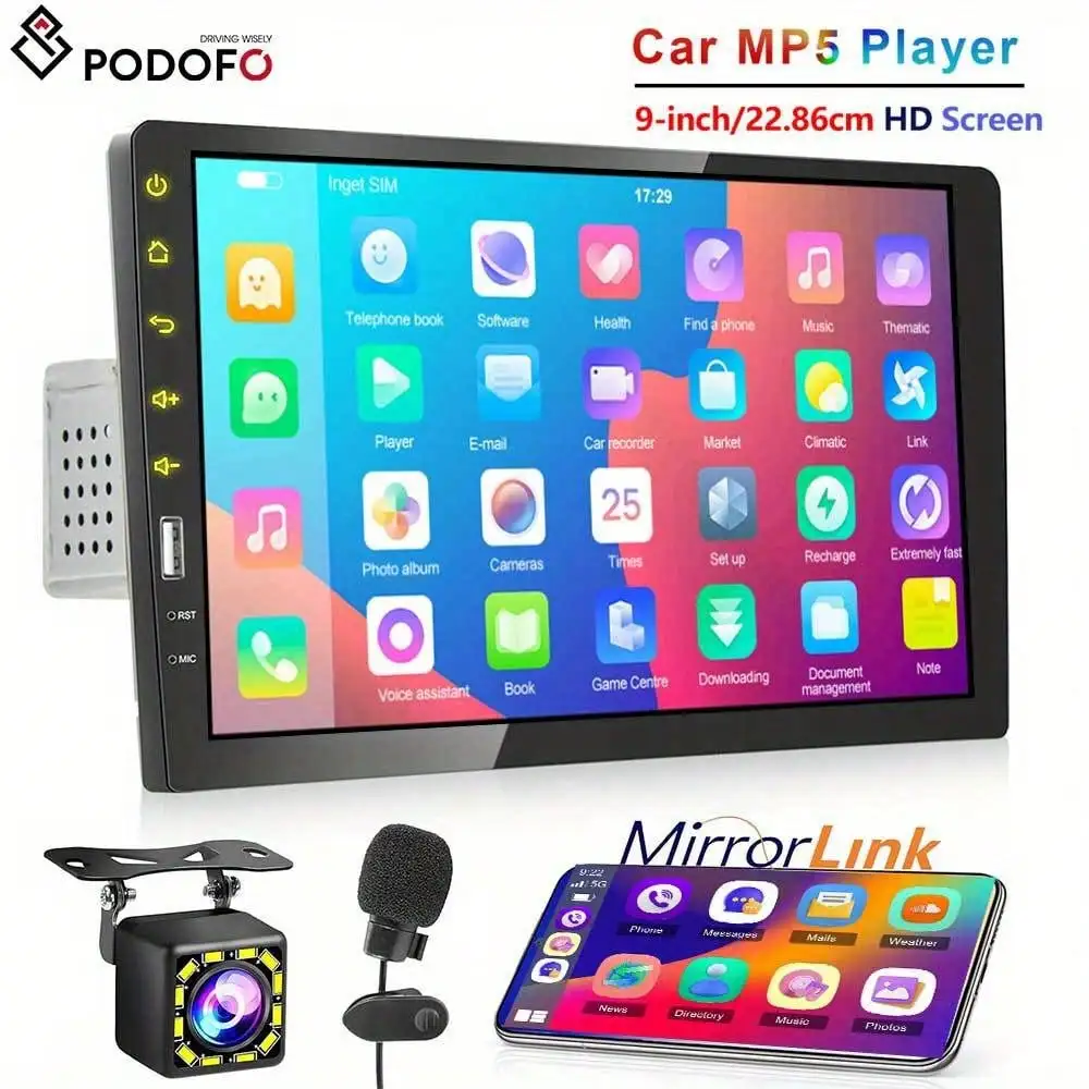 9 Inch HD Screen 1 Din Car MP5 Multimedia Player, equipped with USB charging, mirror link, EQ and FM radio functions, compatible with rear view camera for optional installation
9 Inch HD Screen 1 Din Car MP5 Multimedia Player, equipped with USB charging, mirror link, EQ and FM radio functions, compatible with rear view camera for optional installation