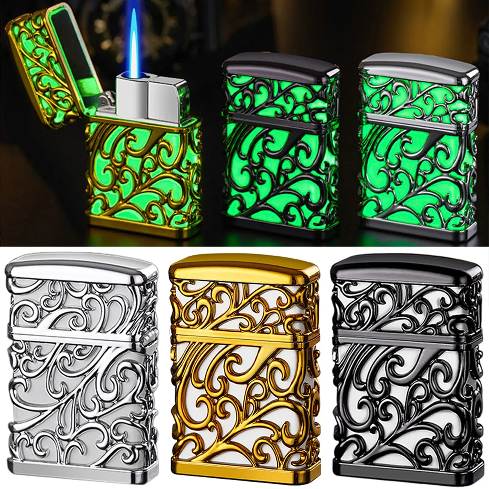 Arabesque 4-Sided 3D Engraved Windproof Butane Lighter Glow in the Dark Jet Flame Torch for Outdoor Camping & Gifts
Arabesque 4-Sided 3D Engraved Windproof Butane Lighter Glow in the Dark Jet Flame Torch for Outdoor Camping & Gifts