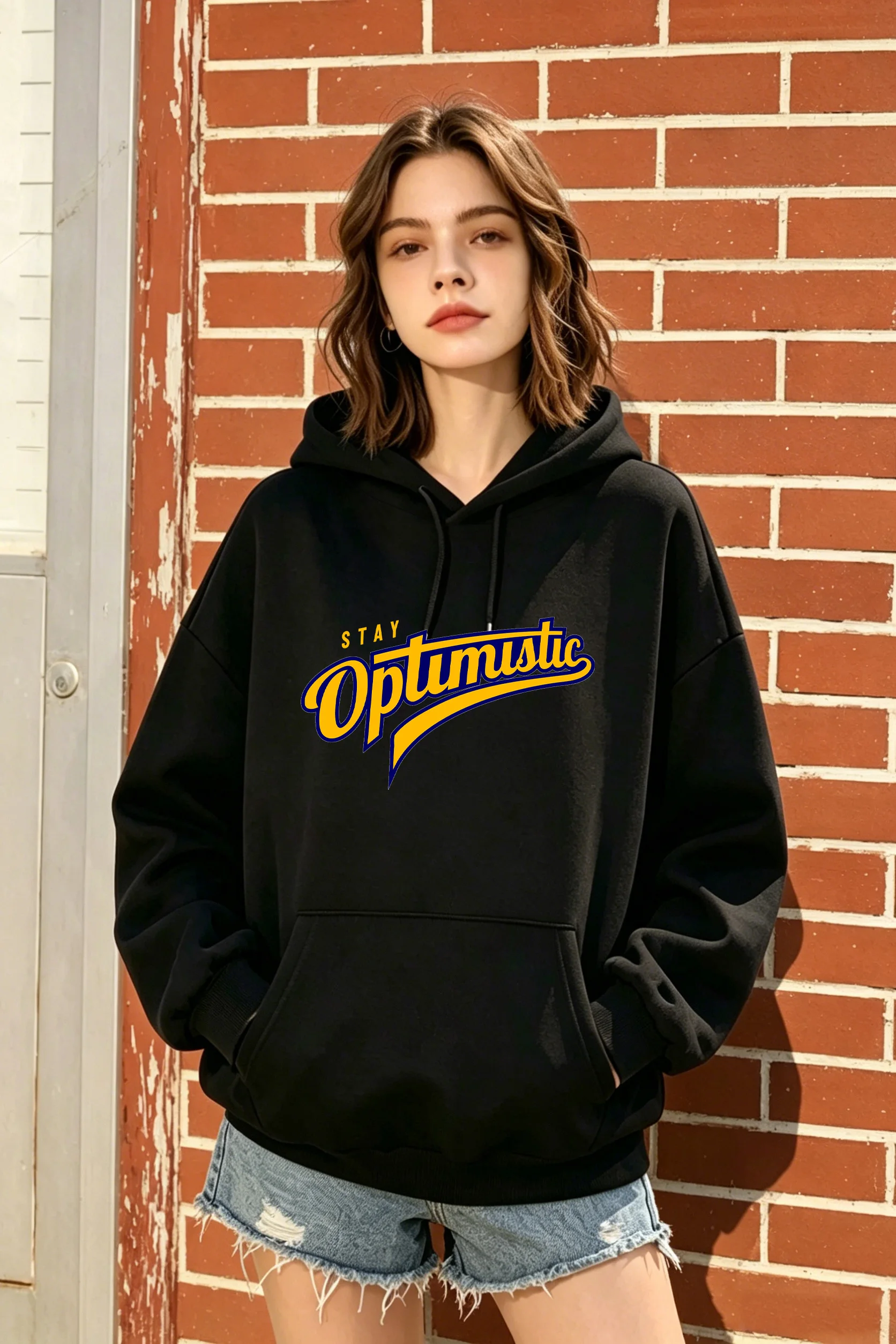 Women's Black Oversized Hoodie with "STAY OPTIMISTIC" Print, Casual Cozy Top for Fall & Winter, Available in Black/White/Grey
Women's Black Oversized Hoodie with "STAY OPTIMISTIC" Print, Casual Cozy Top for Fall & Winter, Available in Black/White/Grey