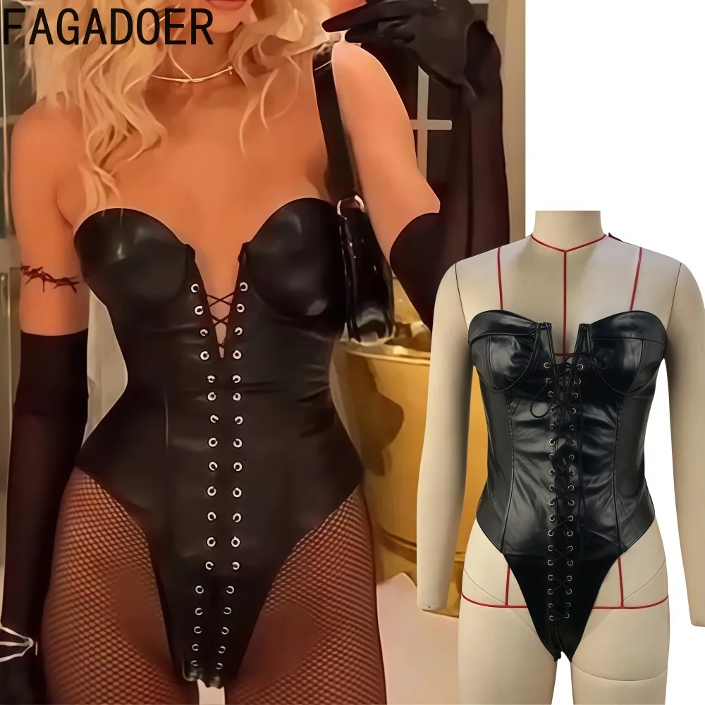 FAGADOER Sexy Black Leather Playsuits Rompers Women Strapless Backless Bandage Patchwork Jumpsuit Hot Girl Streetwear Overalls
FAGADOER Sexy Black Leather Playsuits Rompers Women Strapless Backless Bandage Patchwork Jumpsuit Hot Girl Streetwear Overalls