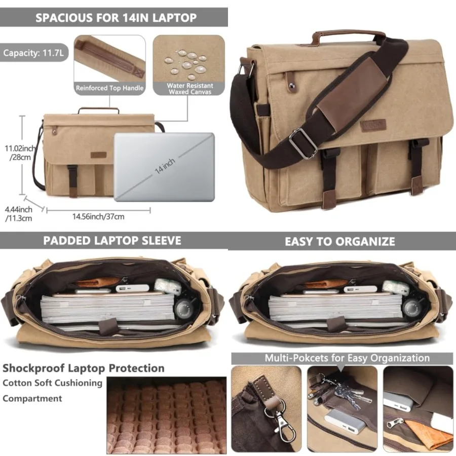 Messenger Bag for Men, VASCHY Vintage Water Resistant Canvas Satchel 14 15.6 17inch Laptop Briefcase
Messenger Bag for Men, VASCHY Vintage Water Resistant Canvas Satchel 14 15.6 17inch Laptop Briefcase