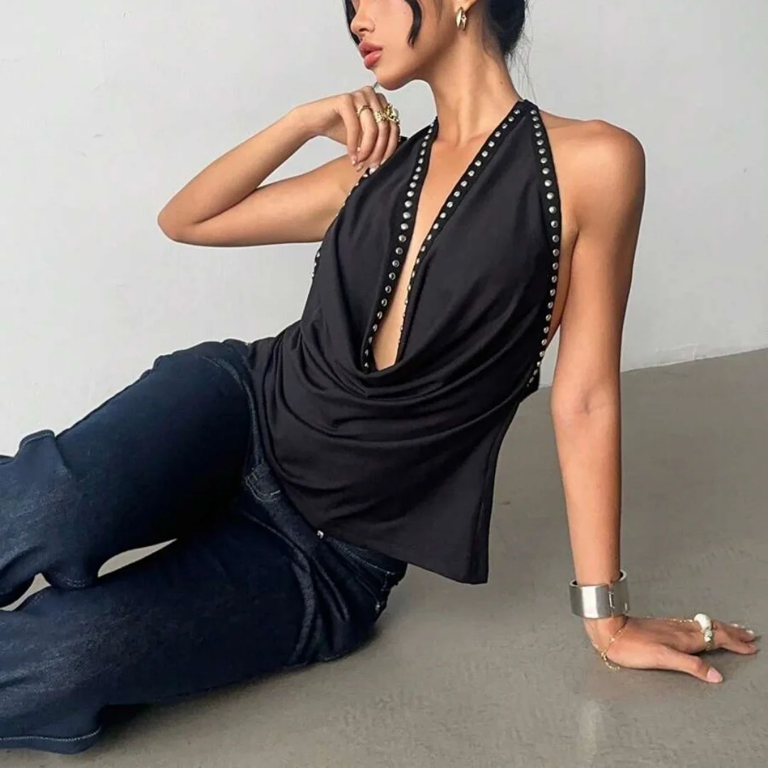 Женский жилет без рукавов с висячим вырезом и глубоким глубоким V-образным вырезом на спине и острым дизайном с акцентом заклепками
Женский жилет без рукавов с висячим вырезом и глубоким глубоким V-образным вырезом на спине и острым дизайном с акцентом заклепками