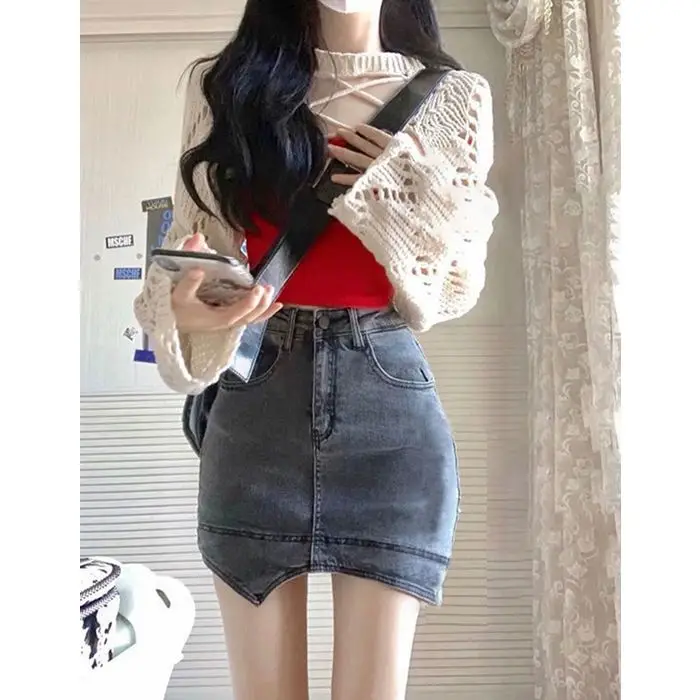 Women Summer Sexy Hollow Knitted Tees Red Halter Jean Skirt Three Pieces Set Mini Wrap Hip Skirt Slim Fashion Suit Clothing
Women Summer Sexy Hollow Knitted Tees Red Halter Jean Skirt Three Pieces Set Mini Wrap Hip Skirt Slim Fashion Suit Clothing