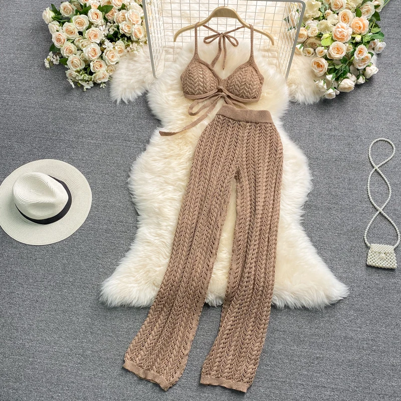 Beach Vacation Knitted Hollow out Neck Hanging Strap Top Women Sexy Vest Two Piece Set High Waist Casual Pants Summer Fashion
Beach Vacation Knitted Hollow out Neck Hanging Strap Top Women Sexy Vest Two Piece Set High Waist Casual Pants Summer Fashion