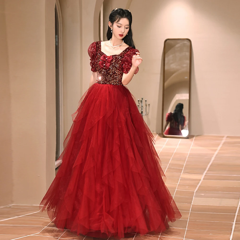 Women's Wine Red Shinning Sequins Velvet Evening Dress Bubble Sleeved Patchwork A-Line Tulle Princess Gown Luxury Party Vestido
Women's Wine Red Shinning Sequins Velvet Evening Dress Bubble Sleeved Patchwork A-Line Tulle Princess Gown Luxury Party Vestido