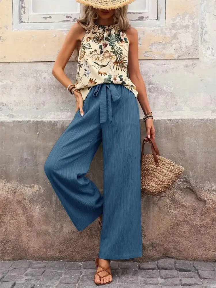 Fashion 2 Pieces Set Printed Sleeveless Top Pants Two-piece Set Hanging Neck Vest Pants Women's Set Holiday Casual Clothes Boho
Fashion 2 Pieces Set Printed Sleeveless Top Pants Two-piece Set Hanging Neck Vest Pants Women's Set Holiday Casual Clothes Boho
