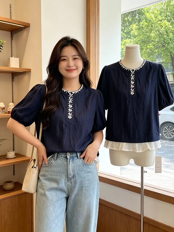 plus Size Women's Summer 2026 Korean Style Retro Embroidered Loose Versatile Slimming Top Fake Two-Piece Ensemble Casual Shirt
plus Size Women's Summer 2026 Korean Style Retro Embroidered Loose Versatile Slimming Top Fake Two-Piece Ensemble Casual Shirt