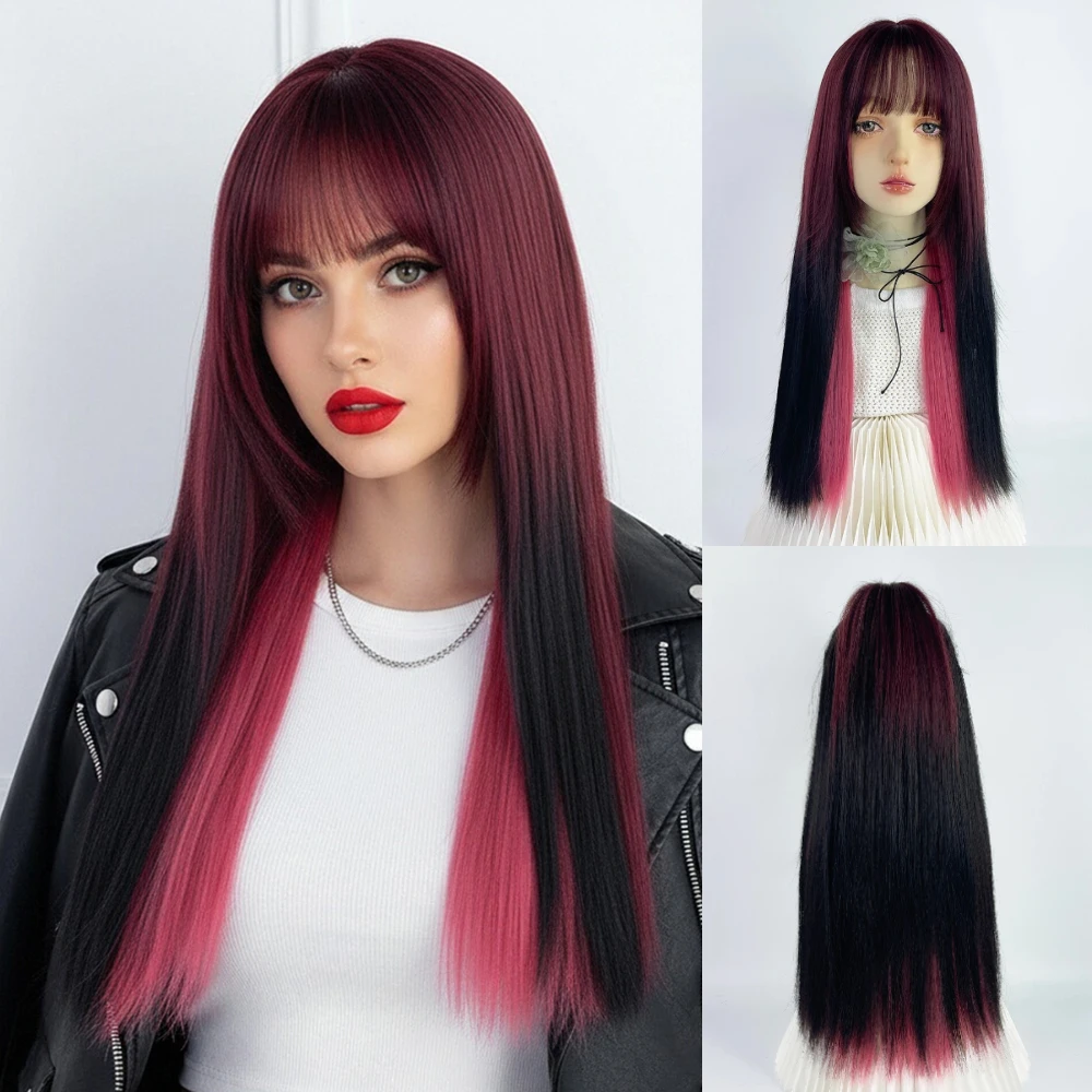 Women Long Straight Synthetic Wig Pink Highlights Black Color Hair Lolita Cosplay Daily Use With Bangs
Women Long Straight Synthetic Wig Pink Highlights Black Color Hair Lolita Cosplay Daily Use With Bangs