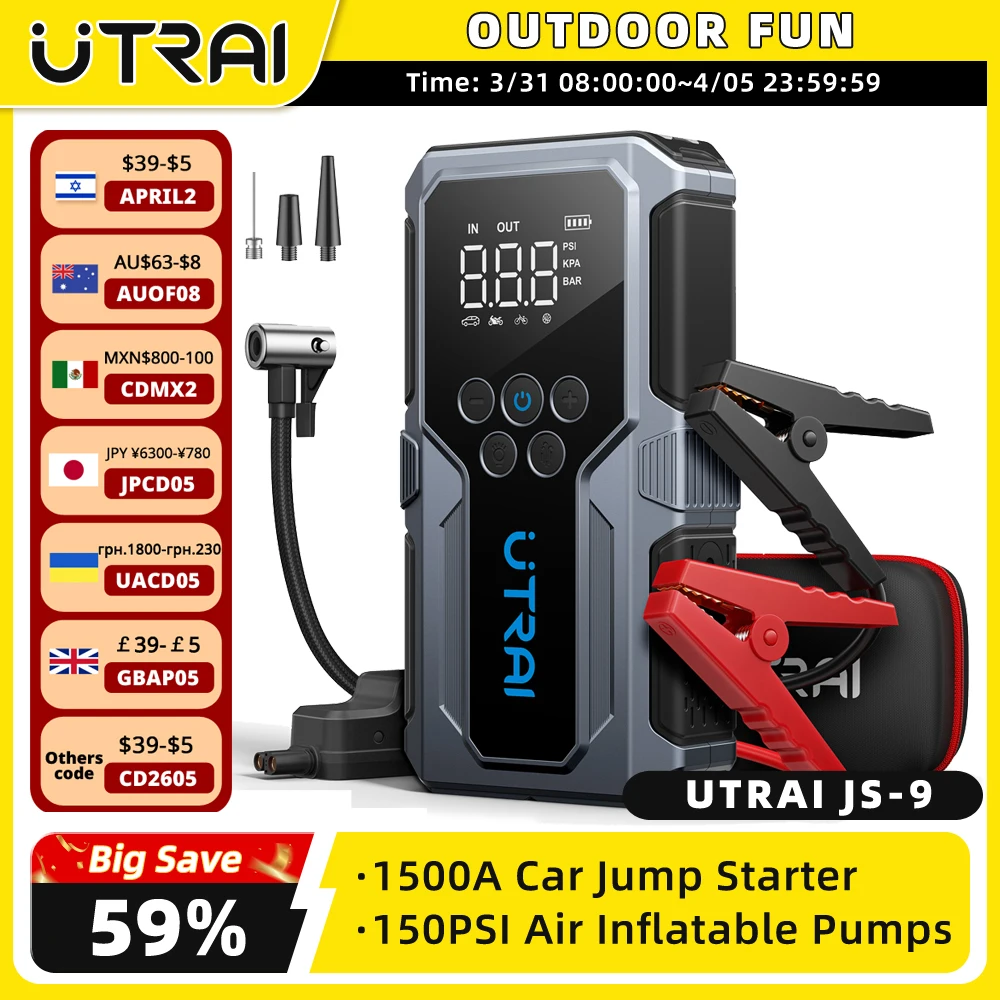 UTRAI 1500A Car Jump Starter Power Bank Portable 150PSI Air Pump Car Battery Emergency Boosters Starting Device Car Starter 2024
UTRAI 1500A Car Jump Starter Power Bank Portable 150PSI Air Pump Car Battery Emergency Boosters Starting Device Car Starter 2024