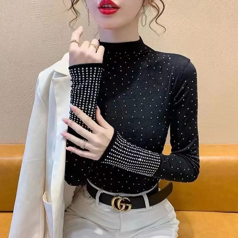 Women Korean Fashion Rhinestone Half High Collar Basic T Shirt Spring Autumn Female Elegant Black Long Sleeve Slim Pullover Tops
Women Korean Fashion Rhinestone Half High Collar Basic T Shirt Spring Autumn Female Elegant Black Long Sleeve Slim Pullover Tops