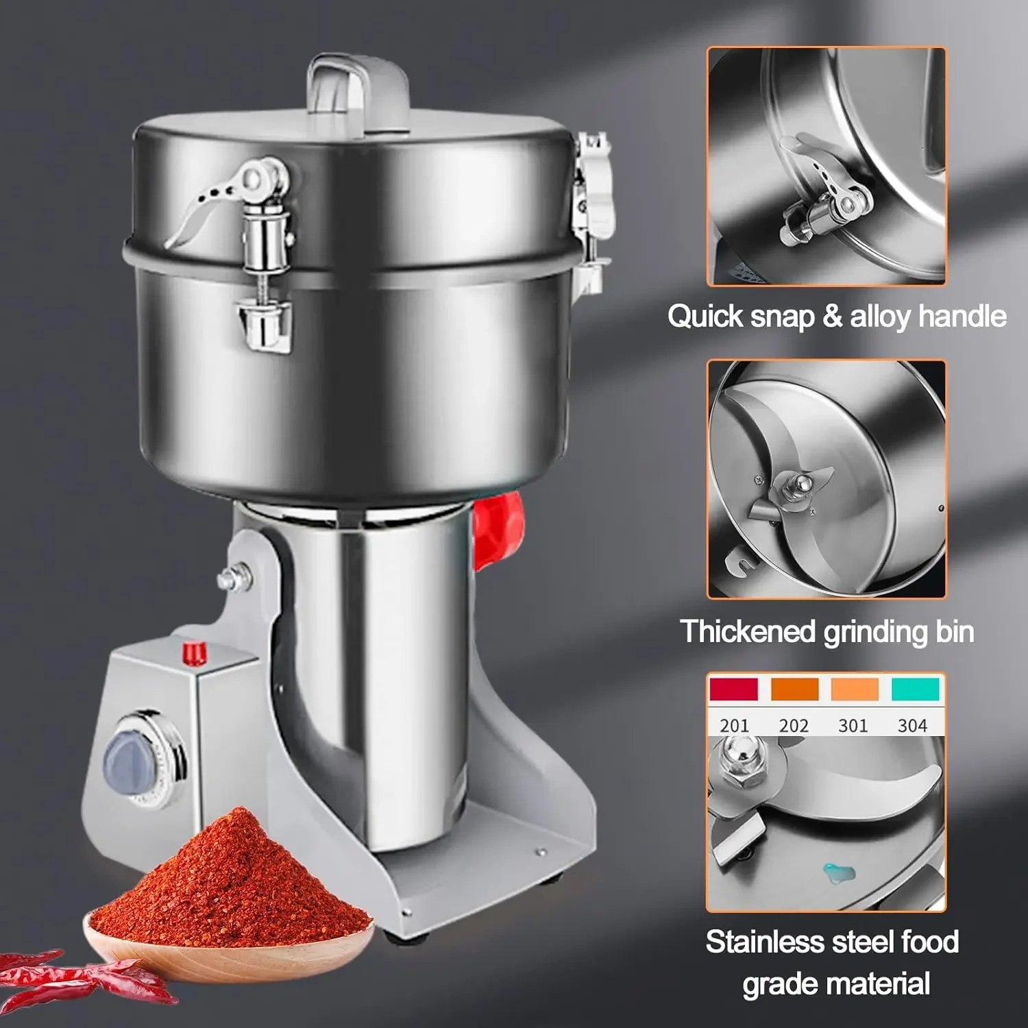 Swing Grain Mill 2500g, Electric Grain Mill, Stainless Steel Mill Grinder 4500W, High-speed Spice Herb Grinder 
Swing Grain Mill 2500g, Electric Grain Mill, Stainless Steel Mill Grinder 4500W, High-speed Spice Herb Grinder