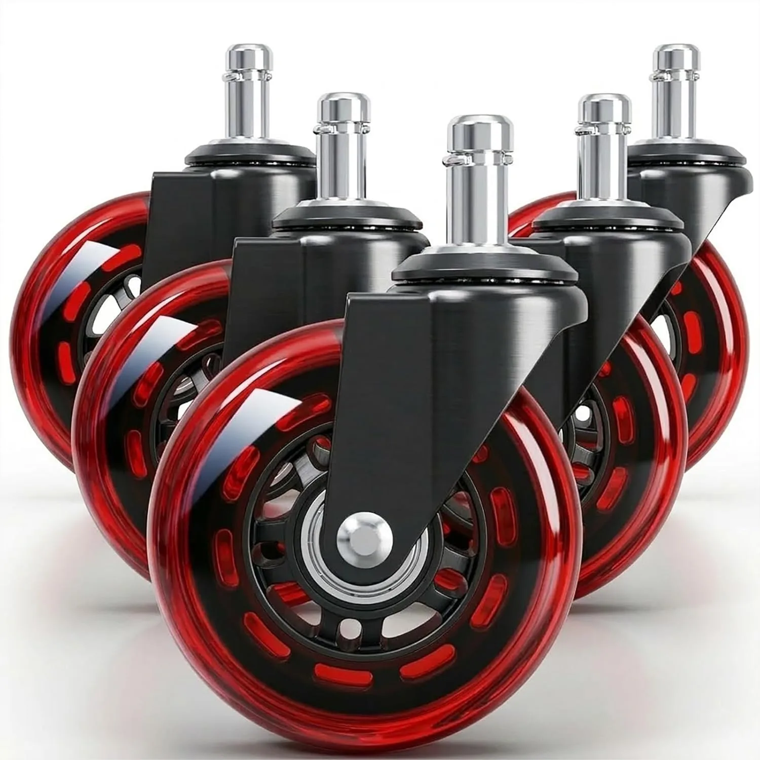 3" Office Chair Wheels Set of 5 - Smooth & Silent Caster Wheels for Carpet, Hardwood Floors, Mats - Red Transparent
3" Office Chair Wheels Set of 5 - Smooth & Silent Caster Wheels for Carpet, Hardwood Floors, Mats - Red Transparent