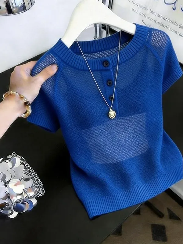 Slimming Breathable Hollow out round Neck Short Sleeve Knitted Top Women's Summer New Style Korean Version Soft Fine Gauge
Slimming Breathable Hollow out round Neck Short Sleeve Knitted Top Women's Summer New Style Korean Version Soft Fine Gauge