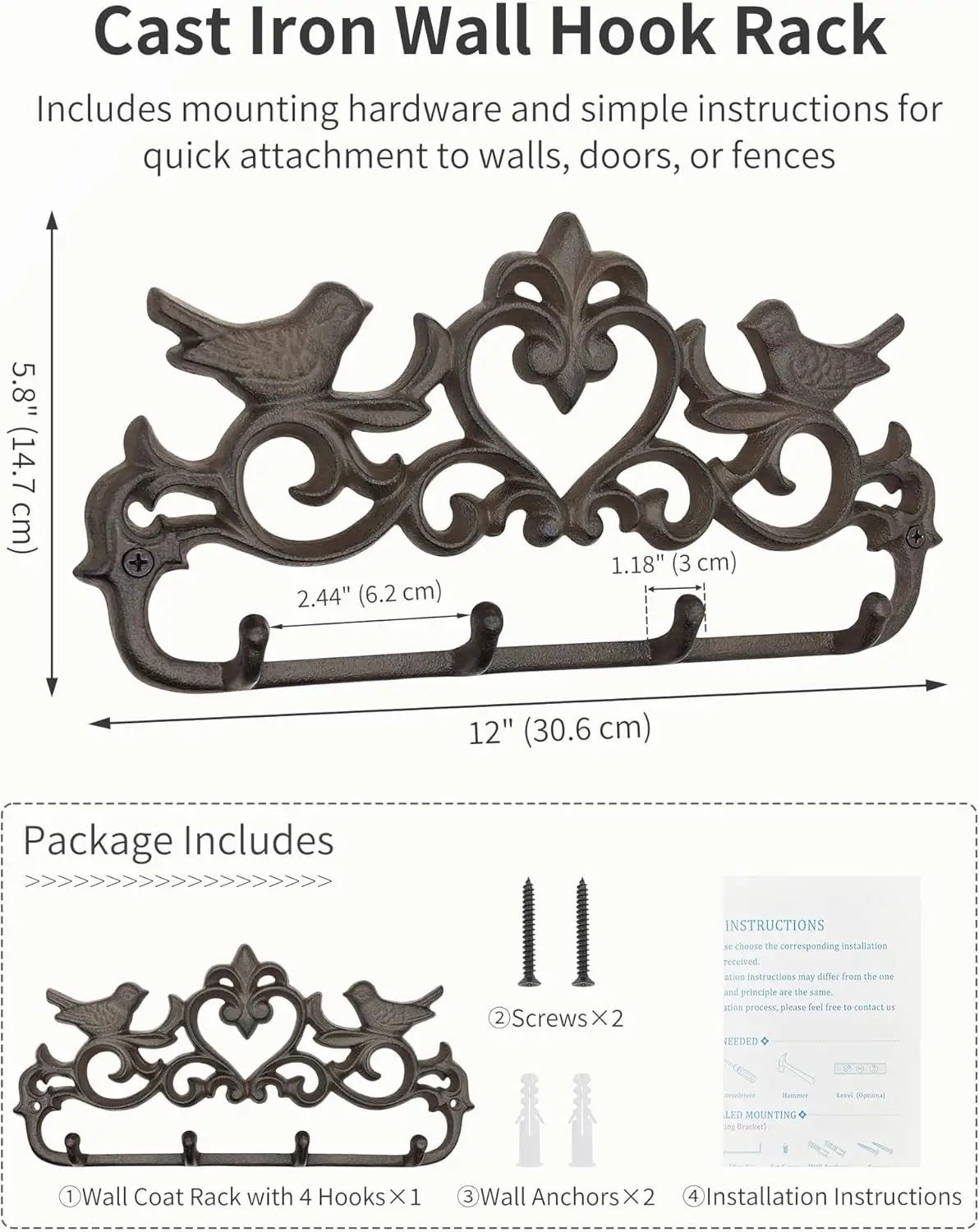Vintage Cast Iron Wall Mounted Coat Rack with 4 Hooks - Rustic Wall Hook Rack, Farmhouse Key Holder, Heavy Duty Towel Ha
Vintage Cast Iron Wall Mounted Coat Rack with 4 Hooks - Rustic Wall Hook Rack, Farmhouse Key Holder, Heavy Duty Towel Ha