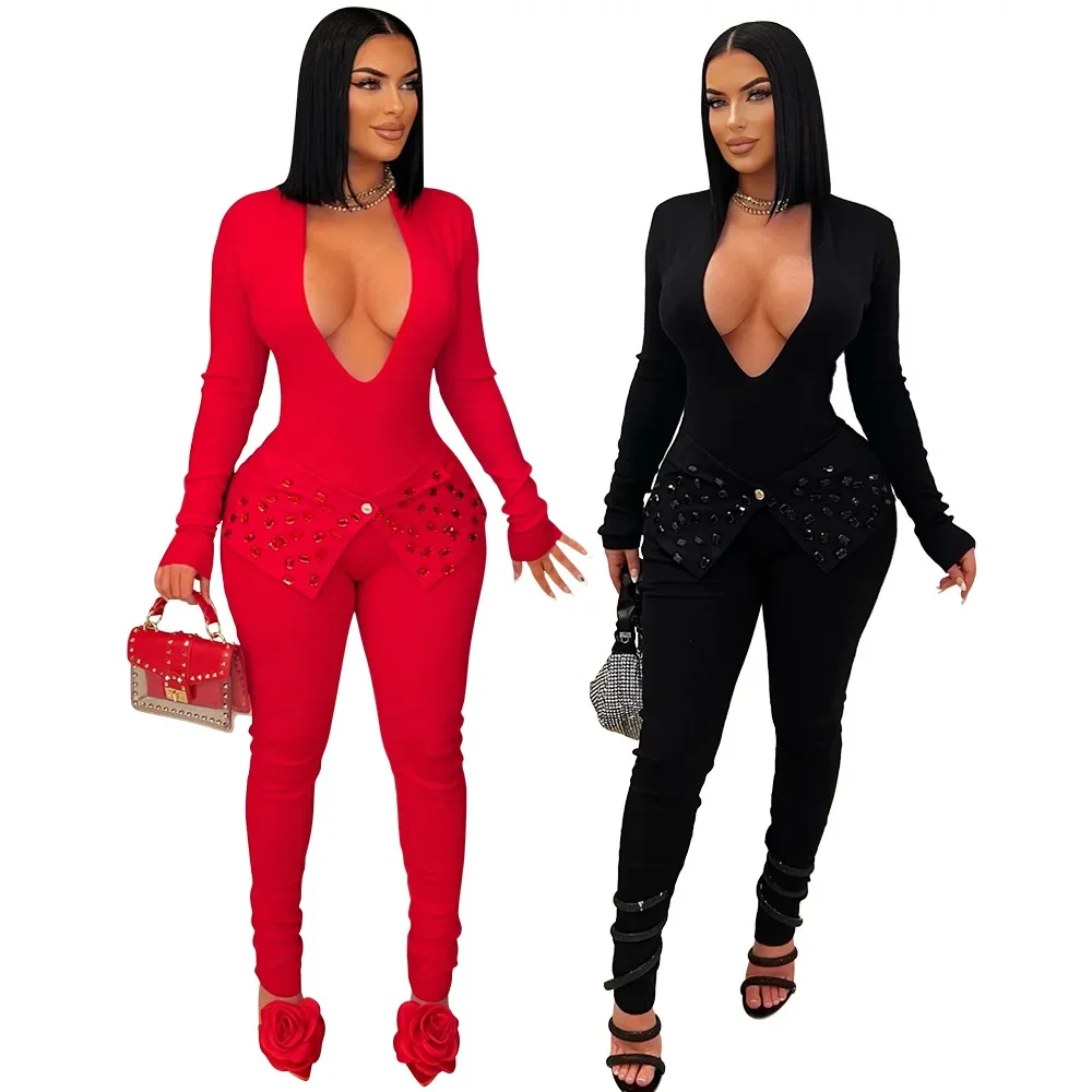 2025 Spring Full Sleeve Women V-neck Long Jumpsuits Rhinestone Rompers One Piece Sexy Pencil Night Club Party Outfits
2025 Spring Full Sleeve Women V-neck Long Jumpsuits Rhinestone Rompers One Piece Sexy Pencil Night Club Party Outfits