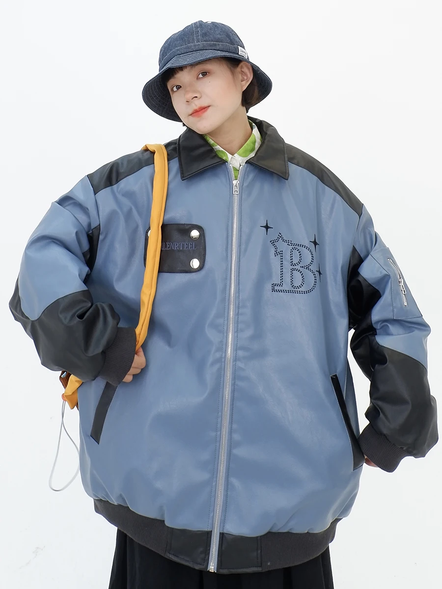 Contrast color patchwork PU leather cotton jacket for women in 2023 winter new loose bf high street thickened coats trend
Contrast color patchwork PU leather cotton jacket for women in 2023 winter new loose bf high street thickened coats trend