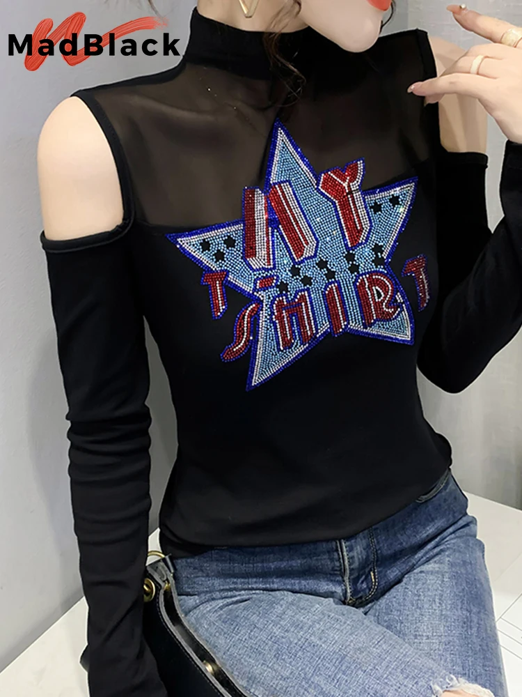 Autumn and winter high-neck mesh stitching ironing five-star diamond fashion off-the-shoulder bottoming shirt long-sleev T21407X
Autumn and winter high-neck mesh stitching ironing five-star diamond fashion off-the-shoulder bottoming shirt long-sleev T21407X