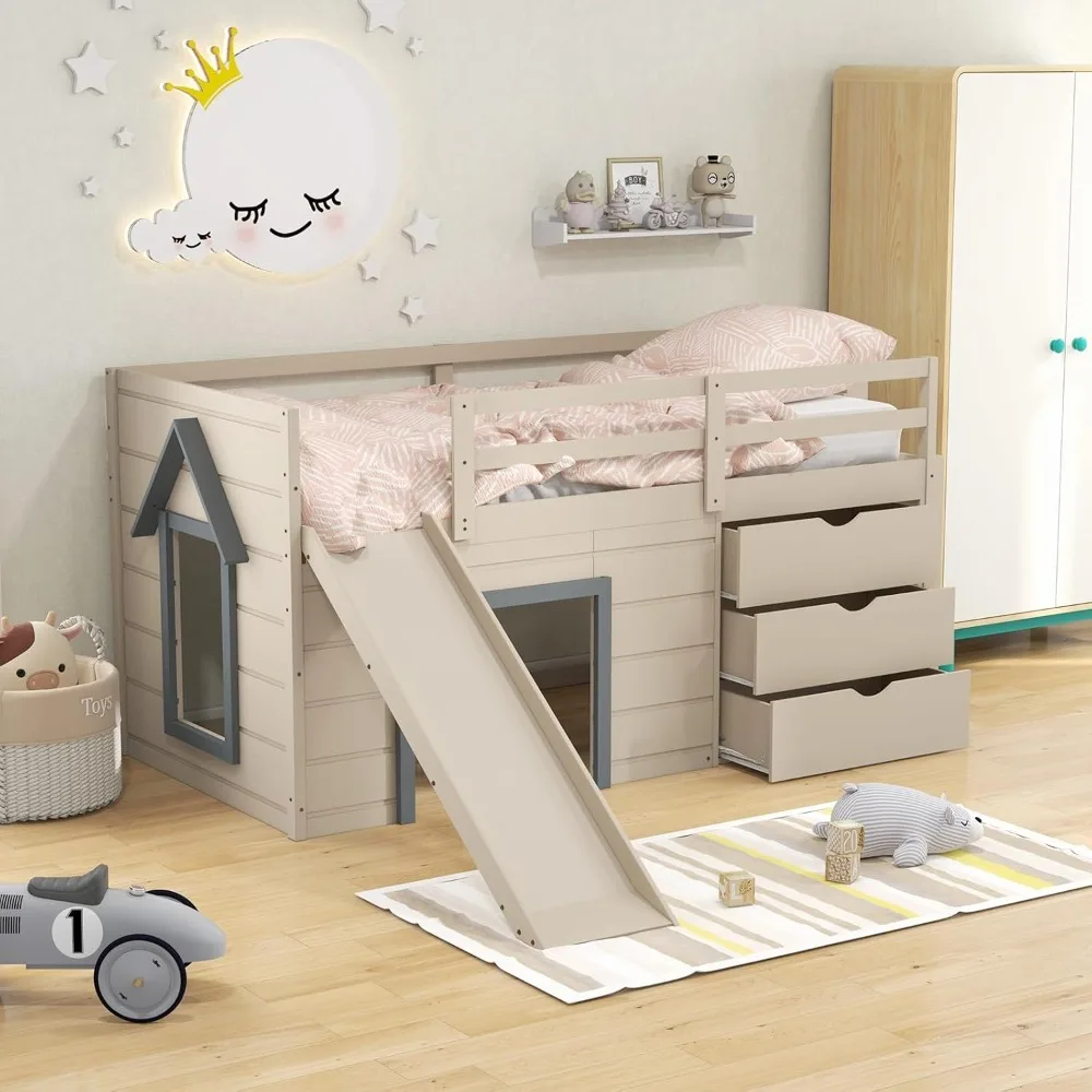 Twin Low Loft Bed with Slide, Solid Wood Twin Loft Bed with Ladder, 3 Storage Drawers and Bottom Game Space, Sage Children Beds
Twin Low Loft Bed with Slide, Solid Wood Twin Loft Bed with Ladder, 3 Storage Drawers and Bottom Game Space, Sage Children Beds