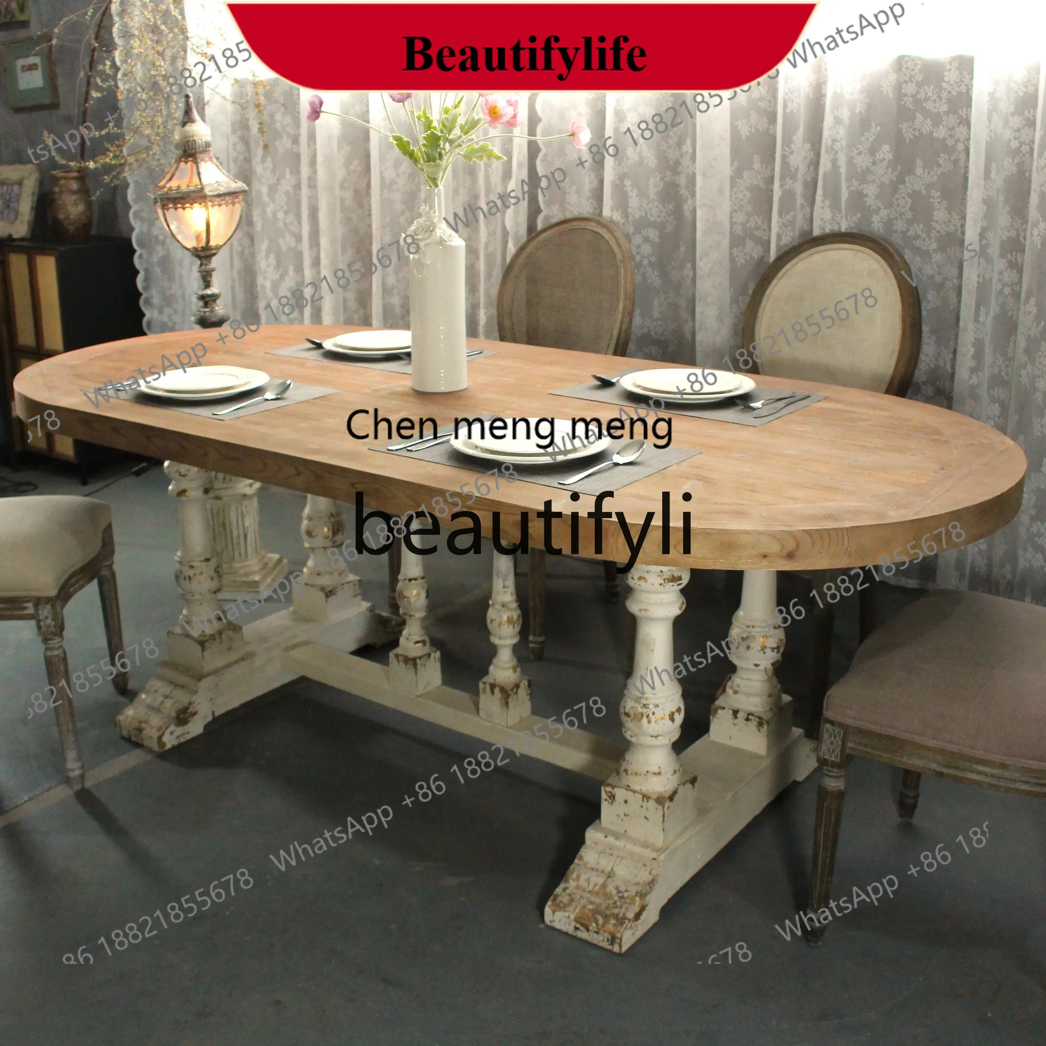 z183 American country solid wood retro dining table French log old oval table, European Roman column table feet
z183 American country solid wood retro dining table French log old oval table, European Roman column table feet