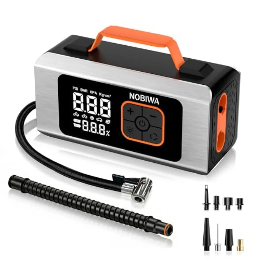Portable air compressor for car and bike tires with high-capacity battery, dual cylinder, 100 duty cycle, 6x faster inflation,
Portable air compressor for car and bike tires with high-capacity battery, dual cylinder, 100 duty cycle, 6x faster inflation,