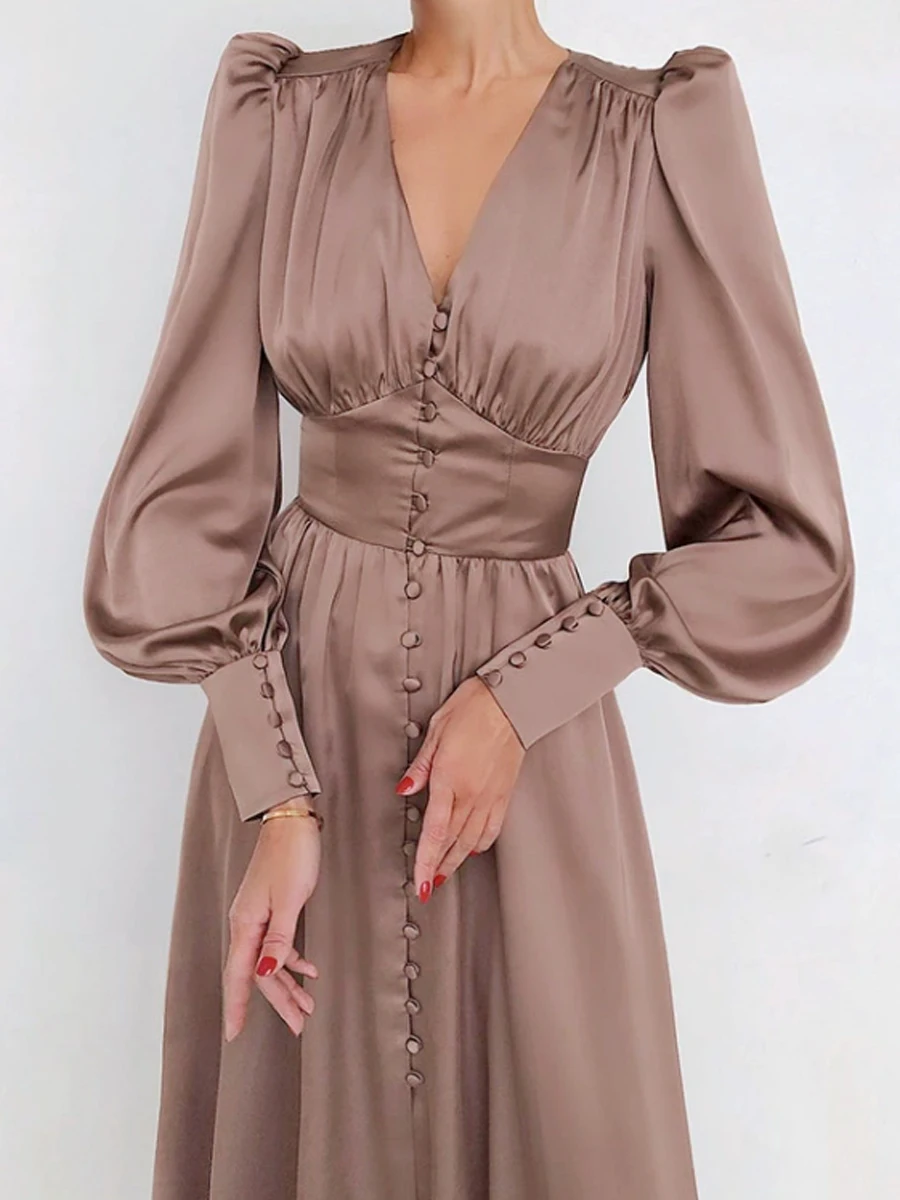 Elegant Solid Color Puff Sleeve Button Front Design Satin Party Dress
Elegant Solid Color Puff Sleeve Button Front Design Satin Party Dress